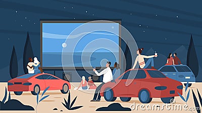 People in open air car cinema theater watching film movie Vector Illustration