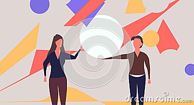 People organize abstract shape vector flat illustration teamwork. Character man and woman work with geometric figure and hold Vector Illustration