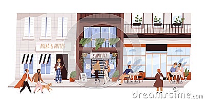 People outdoor at small urban street vector flat illustration. Happy man, woman, couple and friends sitting at cafe Vector Illustration