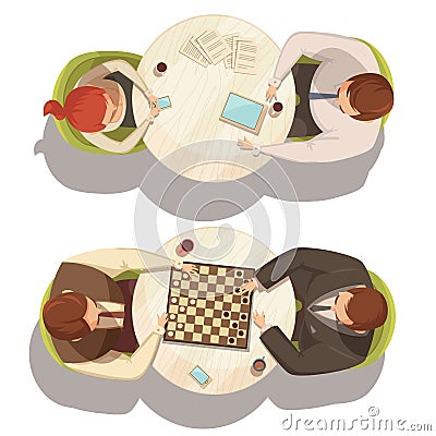 People Over Cup Of Coffee At Round Tables Vector Illustration