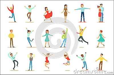 People Overwhelmed Of Happiness And Joyfully Ecstatic Set Of Happy Smiling Cartoon Characters Vector Illustration