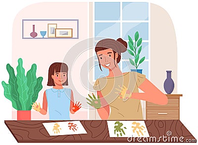 People paint hands with dye and leaves traces of palms on paper. Mother and daughter painting Vector Illustration