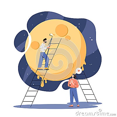 People painting moon Vector Illustration