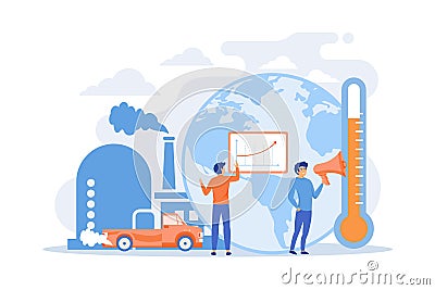 People in panic to announce global heating data. Globe with power plant and traffic fumes as a symbol of environment pollution, Vector Illustration