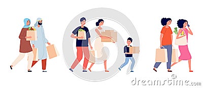 People with paper bags. Zero waste family, shopping time. Man woman holding cardboard boxes and packs vector set Vector Illustration
