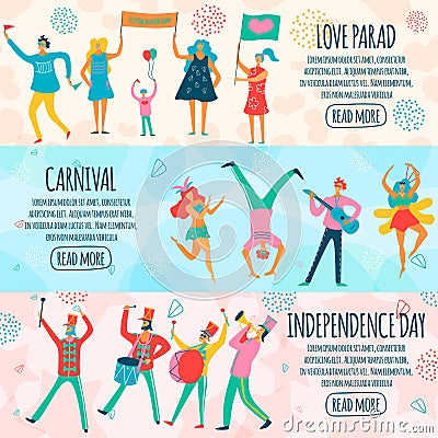 People Parade Horizontal Flat Banners Vector Illustration