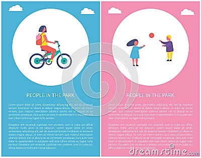 People in Park Girl Riding Bike, Boy Play Ball Vector Illustration