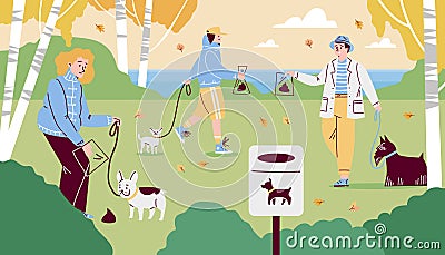 People at park cleaning up dogs excrements, cartoon vector illustration. Vector Illustration