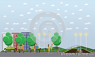 People in park concept banner. Time with kids and friends. Vector illustration in flat style design Vector Illustration