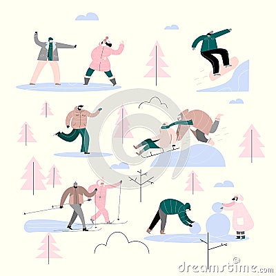 People in the park doing different winter activities. Vector set. Illustration of ice skater, skiing, couple, playing Vector Illustration