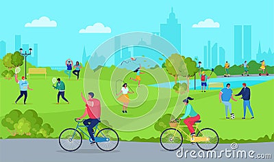 People in park, free time vector illustration. People character having active rest at nature. Man and woman weekend Vector Illustration