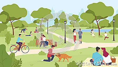 People in park. Happy men and women, city summer or spring park walking, group yoga class outdoor, nature romantic dates Stock Photo