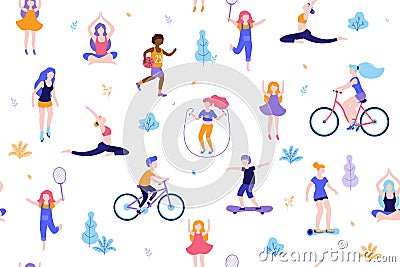 People in the park seamless pattern white background. Children doing activities and sports outdoor flat design vector Vector Illustration