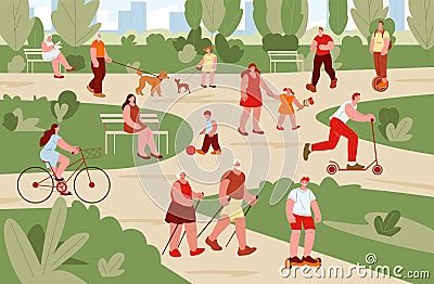 People in park. Sun urban green street for walking, woman man and children outdoor activities. Ride on bicycle and kick Vector Illustration