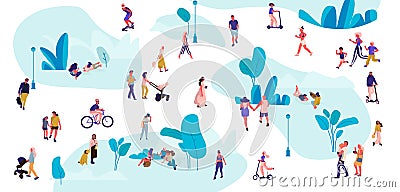 People in park. Trendy crowd walking, men and women on picnic doing yoga and summer exercises. Vector outdoor activities Vector Illustration