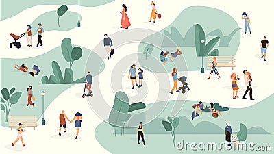 People in park. Trendy men and women crowd walking in summer park, cartoon large people group. Vector persons leisure Vector Illustration