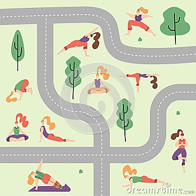 People in the park vector flat illustration. Women walk in the park and do sports, yoga and physical exercises. summer park Cartoon Illustration