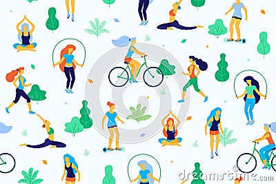 People in the park vector flat illustration. Women walk in the park and do sports, physical exercises. Park seamless Vector Illustration