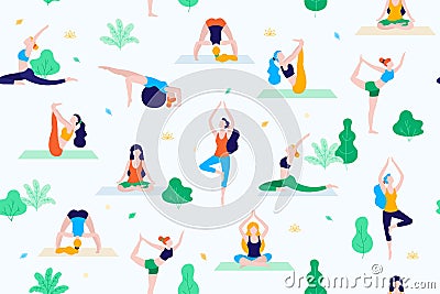 People in the park vector flat illustration. Women walk in the park and do sports, yoga and physical exercises. Park Vector Illustration