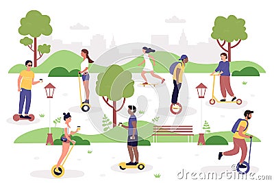 People in park vector illustration, cartoon flat woman man hipster riding modern electric segway, kick scooter Vector Illustration