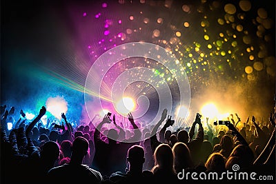 People partying at a concert, bright neon lights, strobe lights, happy time. Generative Ai Stock Photo