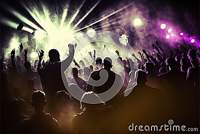 People partying at a concert, bright neon lights, strobe lights, happy time. Generative Ai Stock Photo