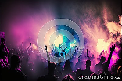 People partying at a concert, bright neon lights, strobe lights, happy time. Generative Ai Stock Photo