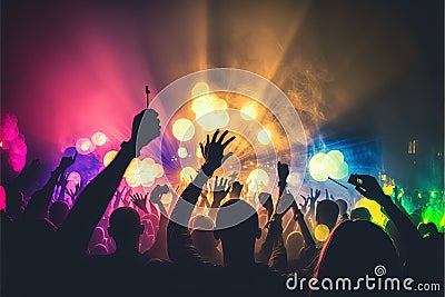 People partying at a concert, bright neon lights, strobe lights, happy time. Generative Ai Stock Photo