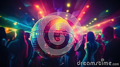 People partying in disco with lights and disco ball. Generative AI Stock Photo