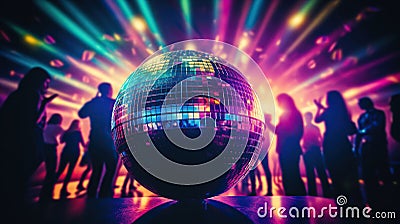 People partying in disco with lights and disco ball. Generative AI Stock Photo