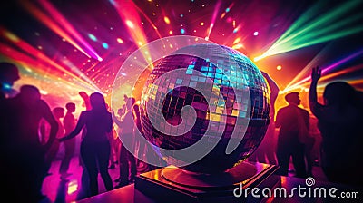 People partying in disco with lights and disco ball. Generative AI Stock Photo