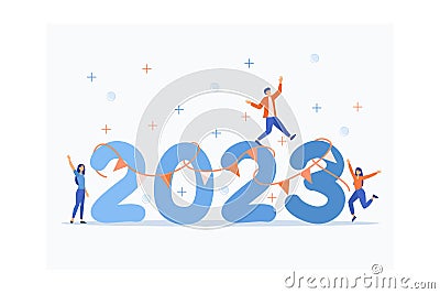 People partying to celebrate new year's eve from 2022 to 2023. happy new year 2023. people activities, decorating, Vector Illustration