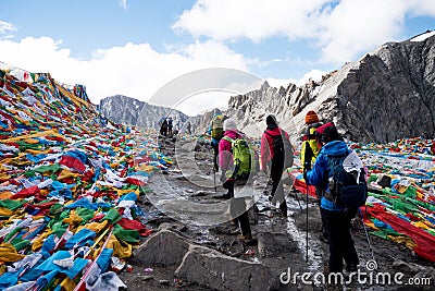 People Pass Mount Kailash Himalayas range Tibet Kailas yatra Stock Photo