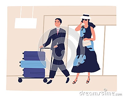 People, passenger at airport, depart, arrival for journey. Porter man pushes trolley with baggage. Busy woman talking Vector Illustration