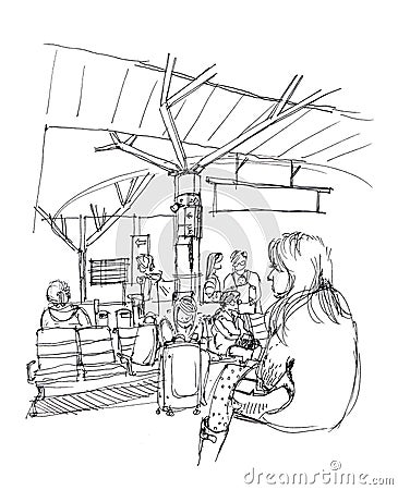 People passenger waiting at train station illustration Cartoon Illustration