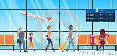 People passengers in international departure airport terminal interior, tourists walking Vector Illustration