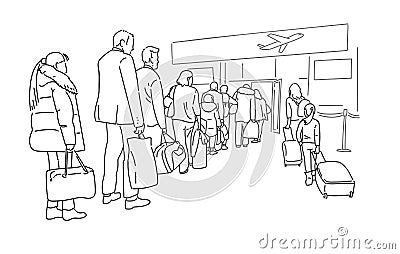 People passengers at queue to airport entrance thin line vector illustration Vector Illustration