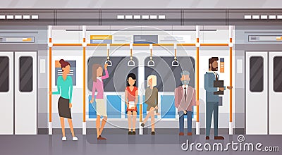 People Passengers In Subway Car Modern City Public Transport, Underground Tram Vector Illustration