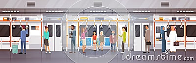 People Passengers In Subway Car Modern City Public Transport, Underground Tram Vector Illustration