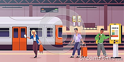 People pay of station. Tickets contactless purchase, metro or train self ordering terminal, public electronic payment Vector Illustration