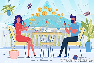 People Paying for Food in Restaurant by Smartphone Vector Illustration