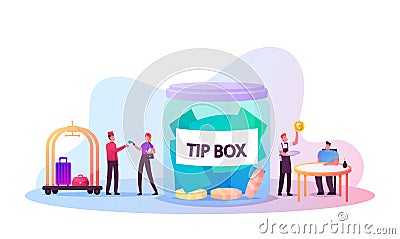 People Paying Tips to Service Staff in Restaurant and Hotel. Tiny Clients and Employees Characters at Huge Glass Jar Vector Illustration