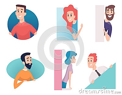 People peeking out. Man woman kids in framework look and standing balcony in house vector characters Vector Illustration