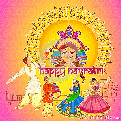 People performing Dhunuchi dance and Garba for Happy Navratri in Indian art style Vector Illustration