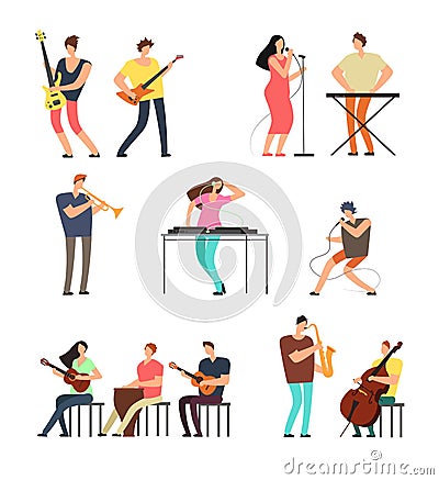 People performing music. Musicians with musical instruments. Vector cartoon characters isolated Vector Illustration