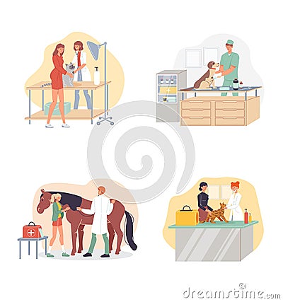 People pet at doctor veterinarian appointment set Vector Illustration