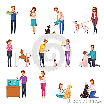 People With Pets Cartoon Set Vector Illustration