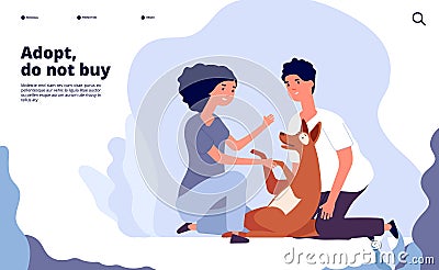 People with pets concept. Happy persons adopt pet with love. Owner hugging puppy vector landing page Vector Illustration