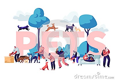 People and Pets Concept. Male and Female Characters Walking with Dogs and Cats Outdoors, Relaxing, Leisure, Love, Care of Animals Vector Illustration