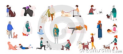 People with pets. Diverse cartoon characters walking, playing and running with cats and dogs. Vector domestic animals Vector Illustration